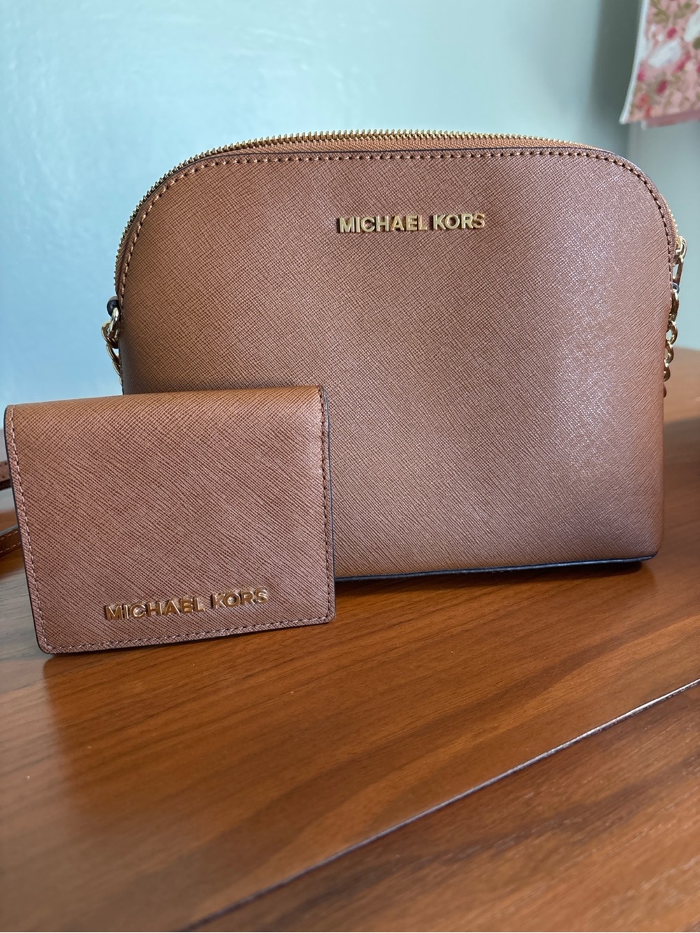 Michael Kors Cindy Crossbody Bag & Matching Wallet Set Brown Saffiano Leather